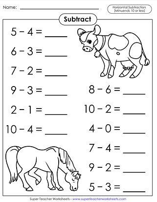 Basic Subtraction Worksheets - Horizontal