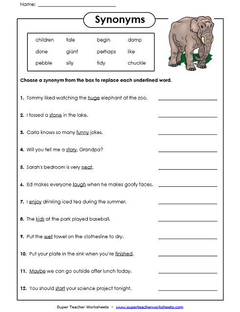 Synonyms Worksheet