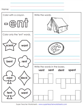 Word Family -ent Printable Worksheets