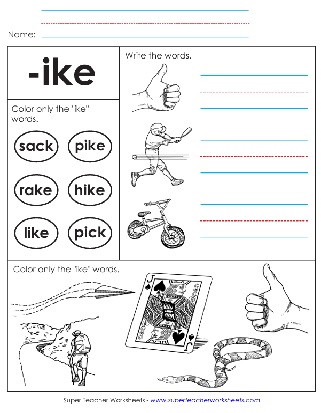 Word Family Unit -ike Words Printable Worksheet 